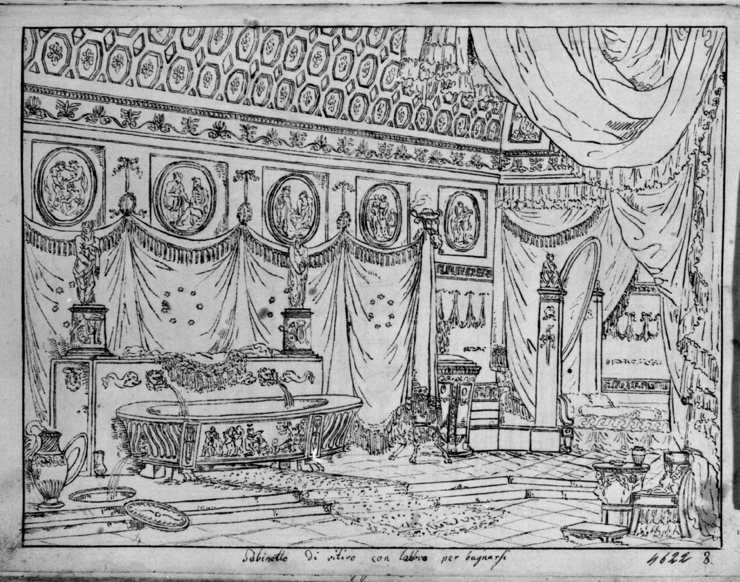 Gabinetto di ritiro, Interno con vasca (disegno, elemento d'insieme) di Sandri Gaetano (attribuito), Basoli Antonio (scuola) (metà sec. XIX)