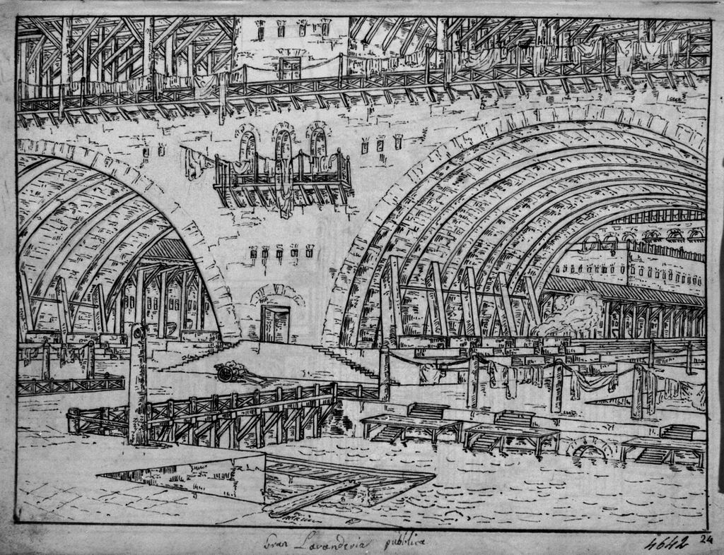 Gran lavanderia pubblica, Architetture con panni stesi (disegno, elemento d'insieme) di Sandri Gaetano (attribuito), Basoli Antonio (scuola) (metà sec. XIX)