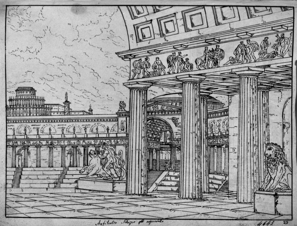 Anfiteatro, anfiteatro con sculture (disegno, elemento d'insieme) di Sandri Gaetano (attribuito), Basoli Antonio (scuola) (metà sec. XIX)