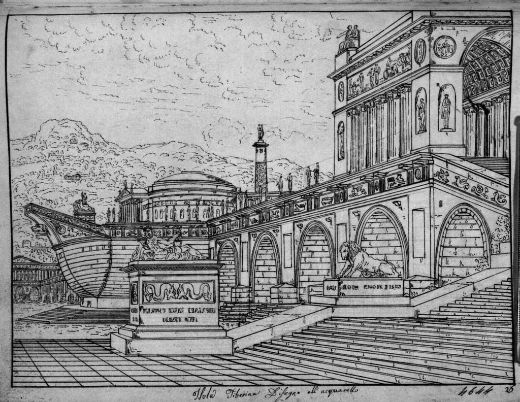 Isola Tiberina, Veduta con architetture classiche e imbarcazione (disegno, elemento d'insieme) di Sandri Gaetano (attribuito), Basoli Antonio (scuola) (metà sec. XIX)