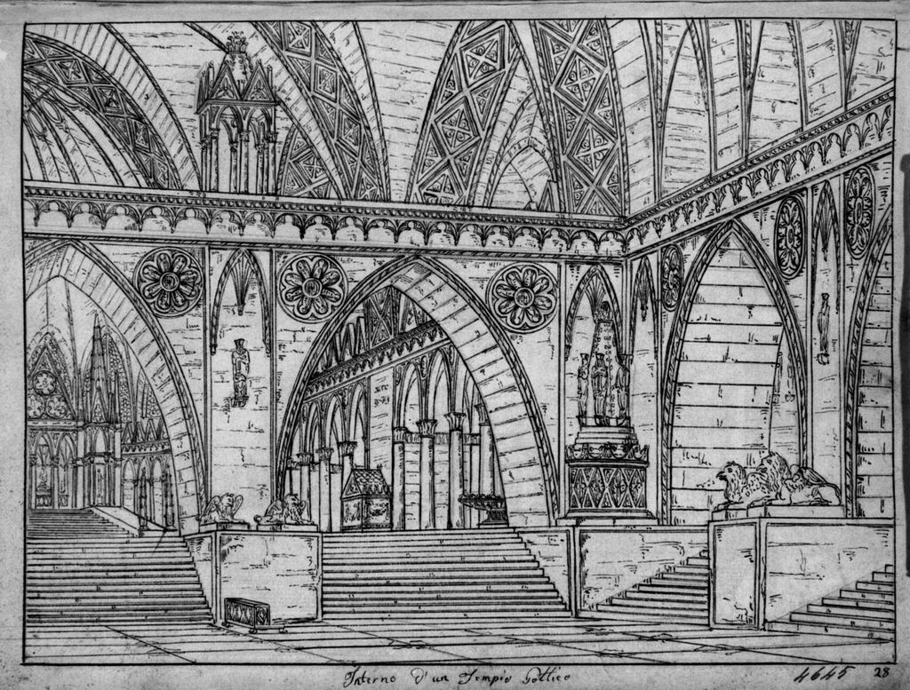 Interno di un Tempio Gotico, architettura gotica (disegno, elemento d'insieme) di Sandri Gaetano (attribuito), Basoli Antonio (scuola) (metà sec. XIX)