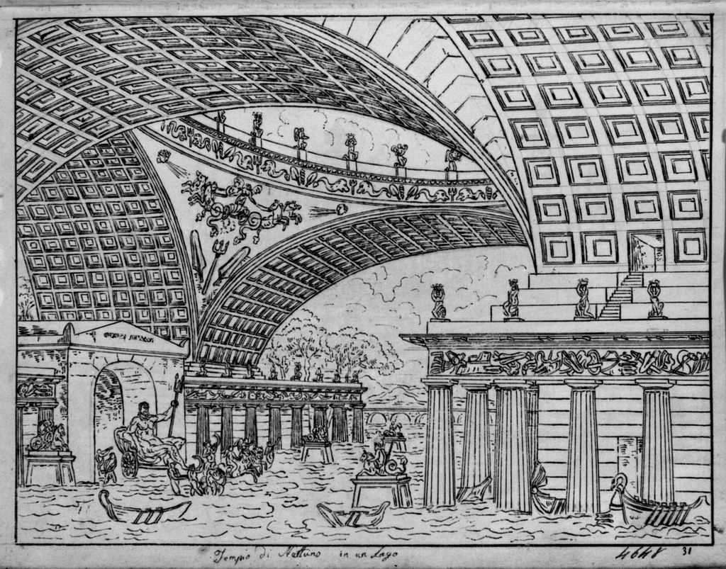 Tempio di Nettuno in un lago, Architetture antiche sull'acqua, con Nettuno e Tritoni (disegno, elemento d'insieme) di Sandri Gaetano (attribuito), Basoli Antonio (scuola) (metà sec. XIX)