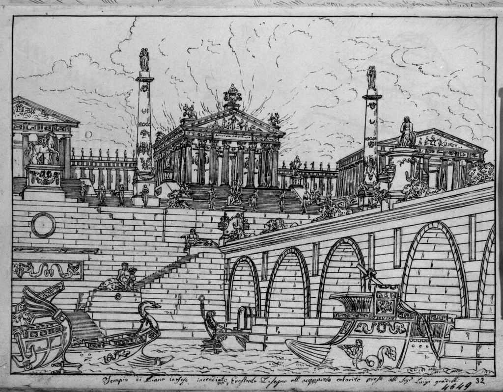 Tempio di Diana (in Efeso incendiato), Architetture classiche e imbarcazioni su un corso d'acqua (disegno, elemento d'insieme) di Sandri Gaetano (attribuito), Basoli Antonio (scuola) (metà sec. XIX)
