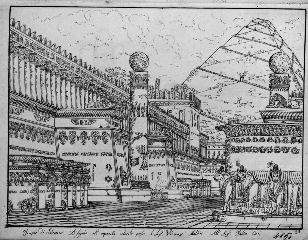 Tempio di Salomone, Veduta prospettica con architetture orientali (disegno, elemento d'insieme) di Sandri Gaetano (attribuito), Basoli Antonio (scuola) (metà sec. XIX)