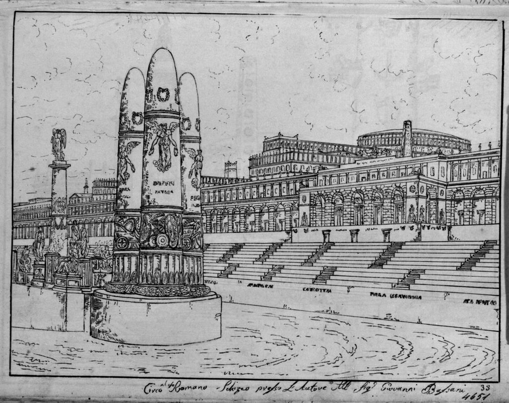Circo romano, Veduta del Circo romano (disegno, elemento d'insieme) di Sandri Gaetano (attribuito), Basoli Antonio (scuola) (metà sec. XIX)