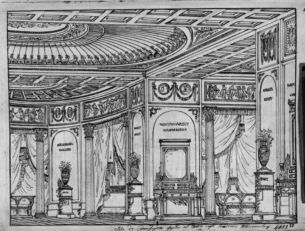 Sala da conversazione, Interno neoclassico (disegno, elemento d'insieme) di Sandri Gaetano (attribuito), Basoli Antonio (scuola) (metà sec. XIX)