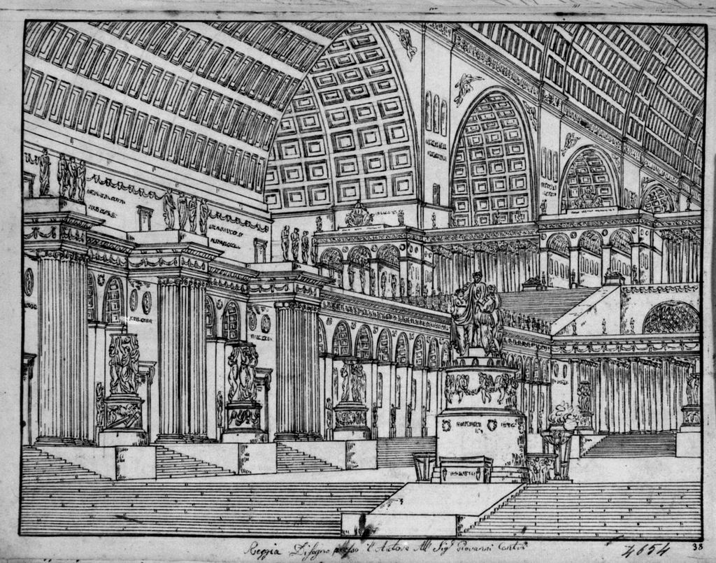 Reggia, Veduta prospettica di un interno (disegno, elemento d'insieme) di Sandri Gaetano (attribuito), Basoli Antonio (scuola) (metà sec. XIX)