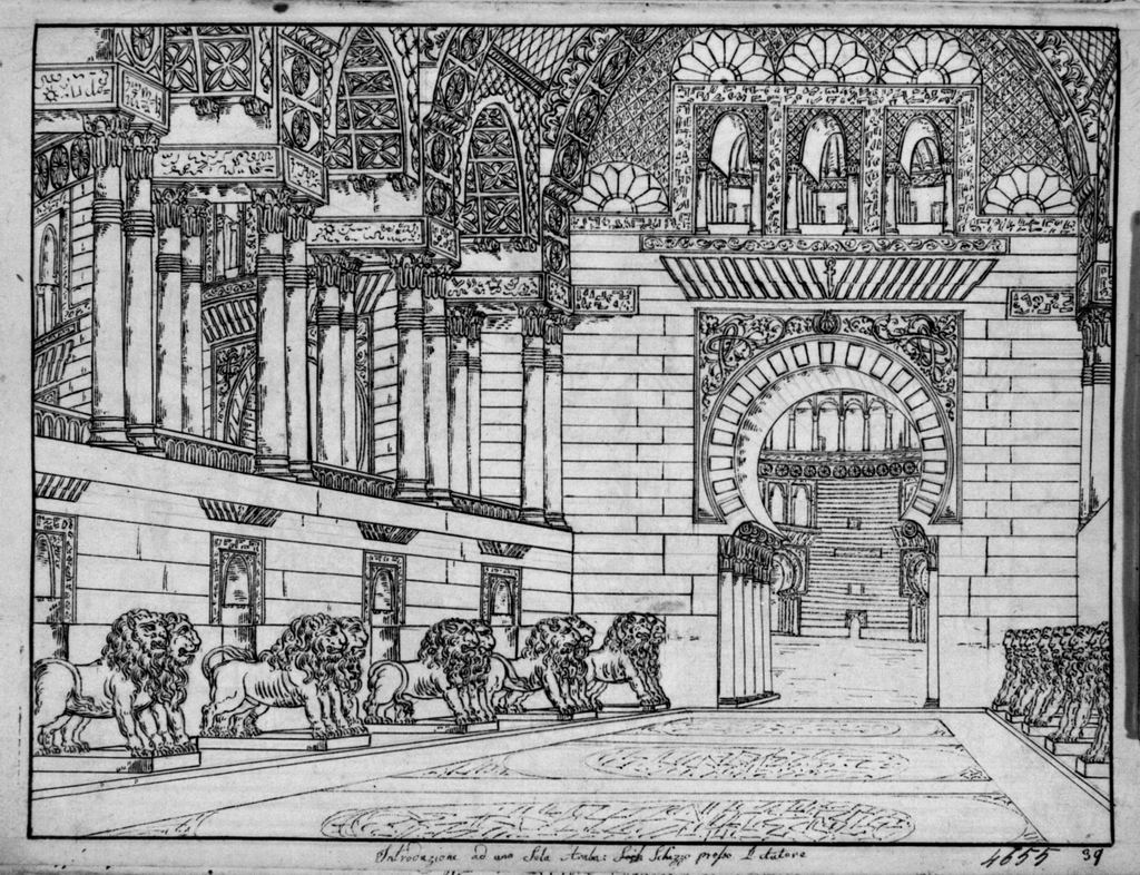 Introduzione ad una Sala Araba, Veduta prospettica di interno di edificio arabo (disegno, elemento d'insieme) di Sandri Gaetano (attribuito), Basoli Antonio (scuola) (metà sec. XIX)