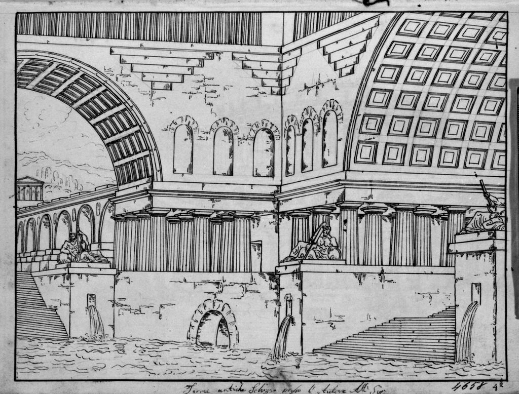 Terme antiche, Interno di terme antiche (disegno, elemento d'insieme) di Sandri Gaetano (attribuito), Basoli Antonio (scuola) (metà sec. XIX)
