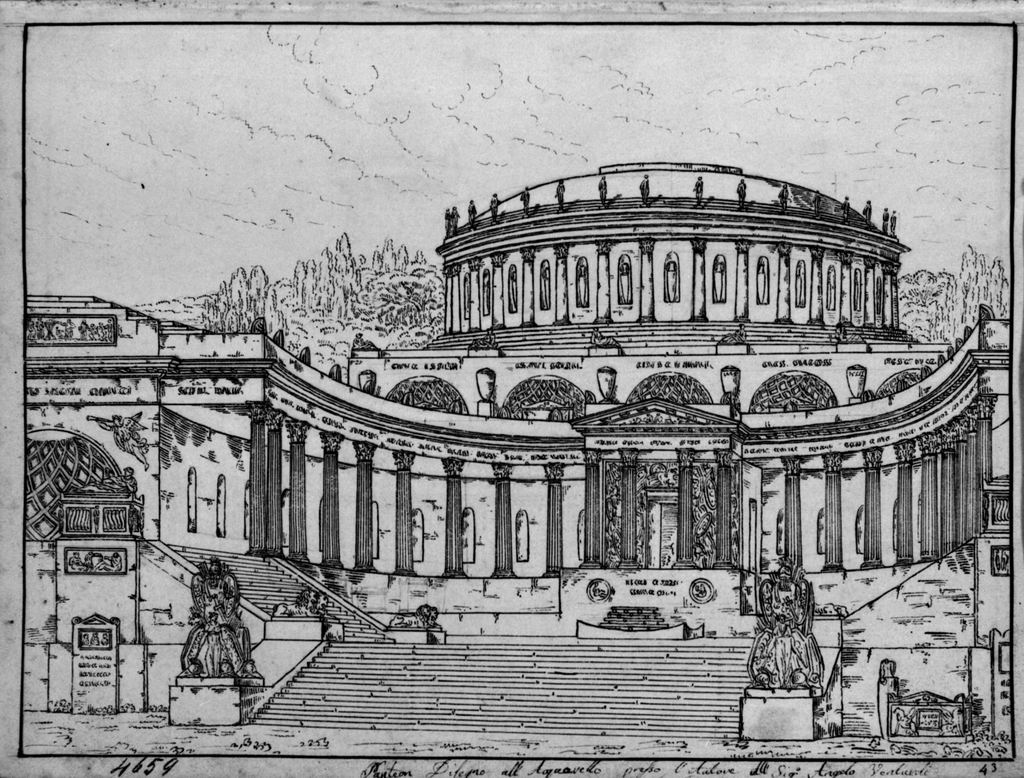 edificio circolare; veduta di città di mare, con faro e imbarcazioni (disegno, elemento d'insieme) di Sandri Gaetano (attribuito), Basoli Antonio (scuola) (metà sec. XIX)