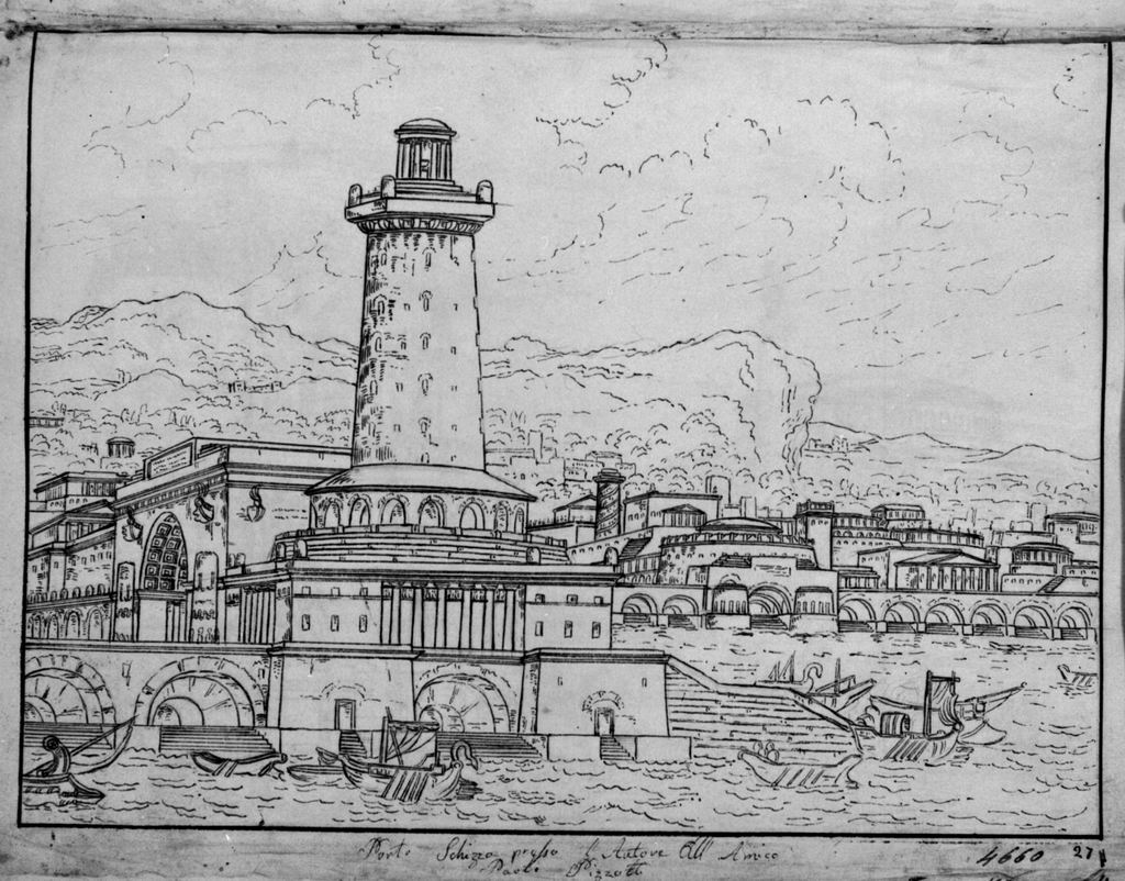Porto, Veduta di città di mare con faro e imbarcazioni (disegno, elemento d'insieme) di Sandri Gaetano (attribuito), Basoli Antonio (scuola) (metà sec. XIX)