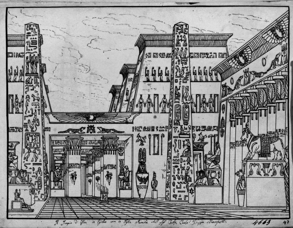 Il Tempio di Osiri in Egitto con la Festa Panilia, Architettura egiziana (disegno, elemento d'insieme) di Sandri Gaetano (attribuito), Basoli Antonio (scuola) (metà sec. XIX)
