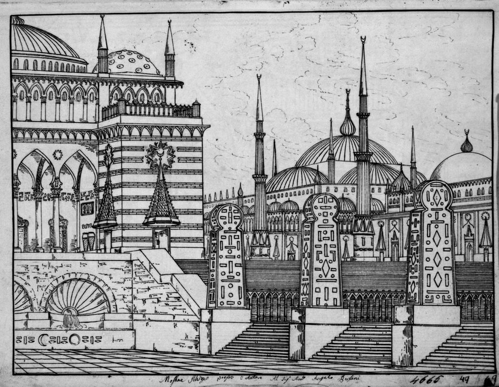 Moschea, Veduta con architetture orientali (disegno, elemento d'insieme) di Sandri Gaetano (attribuito), Basoli Antonio (scuola) (metà sec. XIX)