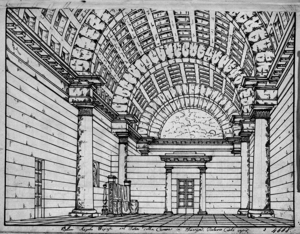 Interno (disegno, elemento d'insieme) di Sandri Gaetano (attribuito), Basoli Antonio (scuola) (metà sec. XIX)