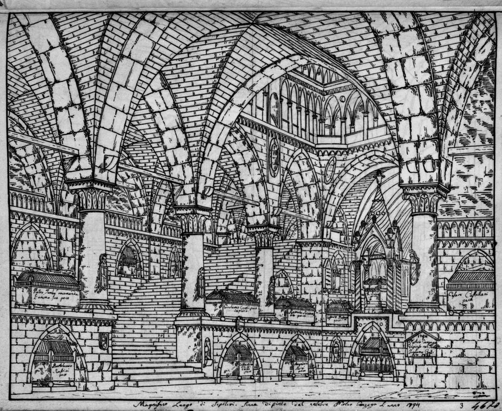 Magnifico luogo di Sepolcri, Veduta prospettica di edificio gotico (disegno, elemento d'insieme) di Sandri Gaetano (attribuito), Basoli Antonio (scuola) (metà sec. XIX)