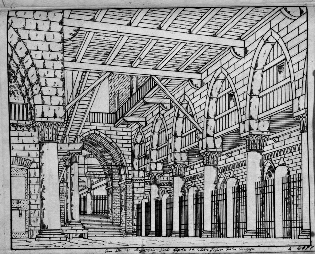 Gran Sito di Magazzini, Interno di edificio medievale (disegno, elemento d'insieme) di Sandri Gaetano (attribuito), Basoli Antonio (scuola) (metà sec. XIX)