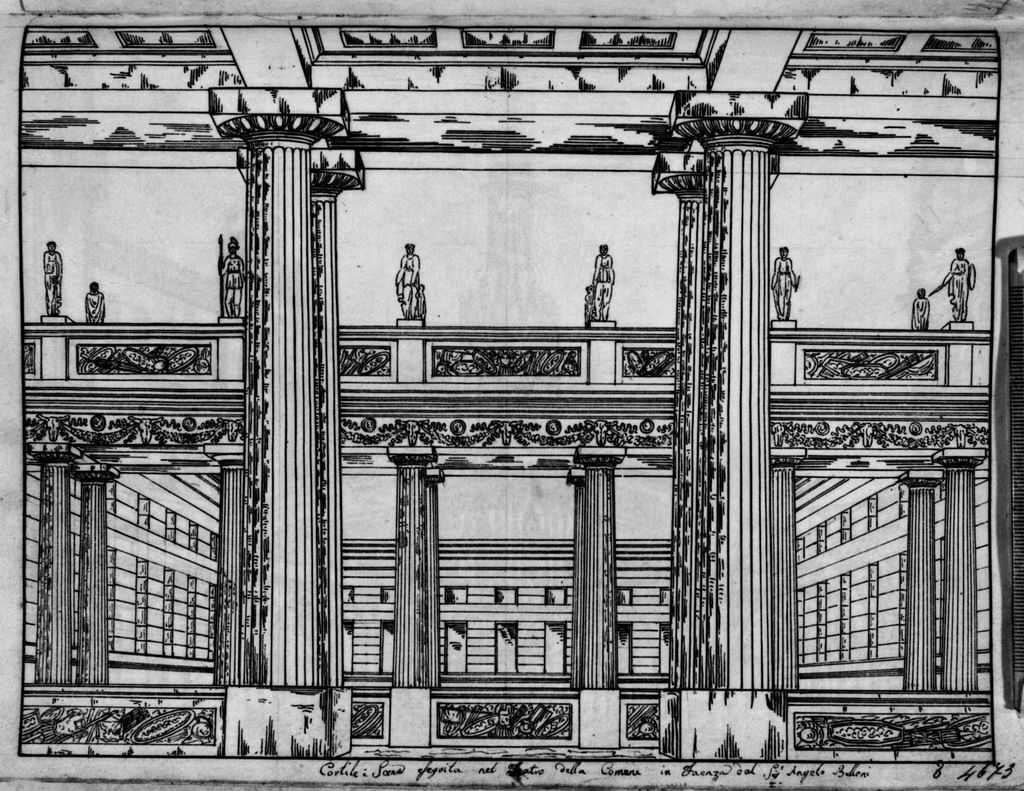 Cortile, Veduta prospettica di edificio con colonne, statue e cortile (disegno, elemento d'insieme) di Sandri Gaetano (attribuito), Basoli Antonio (scuola) (metà sec. XIX)