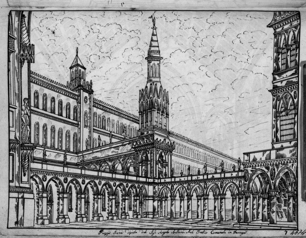 Piazza, architettura gotica (disegno, elemento d'insieme) di Sandri Gaetano (attribuito), Basoli Antonio (scuola) (metà sec. XIX)