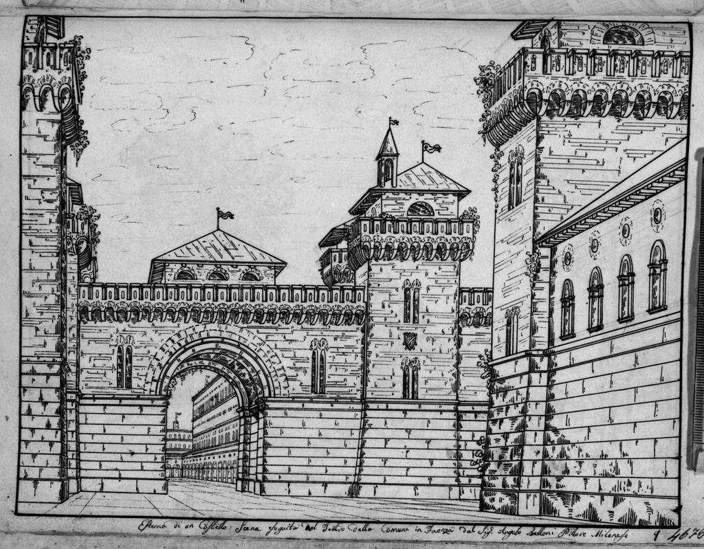 Esterno di un castello, castello (disegno, elemento d'insieme) di Sandri Gaetano (attribuito), Basoli Antonio (scuola) (metà sec. XIX)
