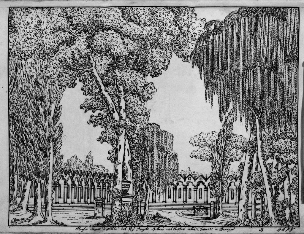 Bosco, Paesaggio con alberi e lapidi (disegno, elemento d'insieme) di Sandri Gaetano (attribuito), Basoli Antonio (scuola) (metà sec. XIX)