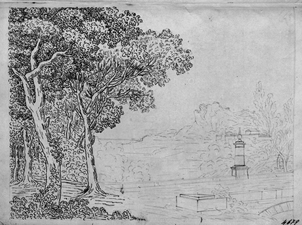 Paesaggio con alberi e architetture (disegno, elemento d'insieme) di Sandri Gaetano (attribuito), Basoli Antonio (scuola) (metà sec. XIX)