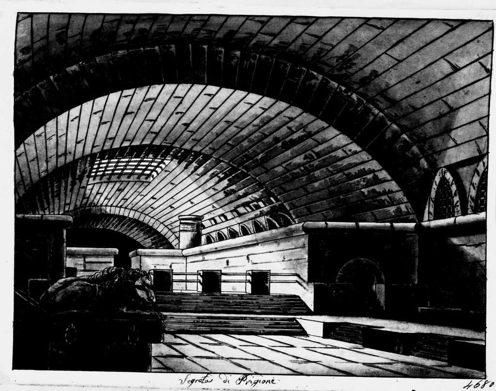 Segreta di Prigione, prigione (disegno, elemento d'insieme) di Sandri Gaetano (attribuito), Basoli Antonio (scuola) (metà sec. XIX)