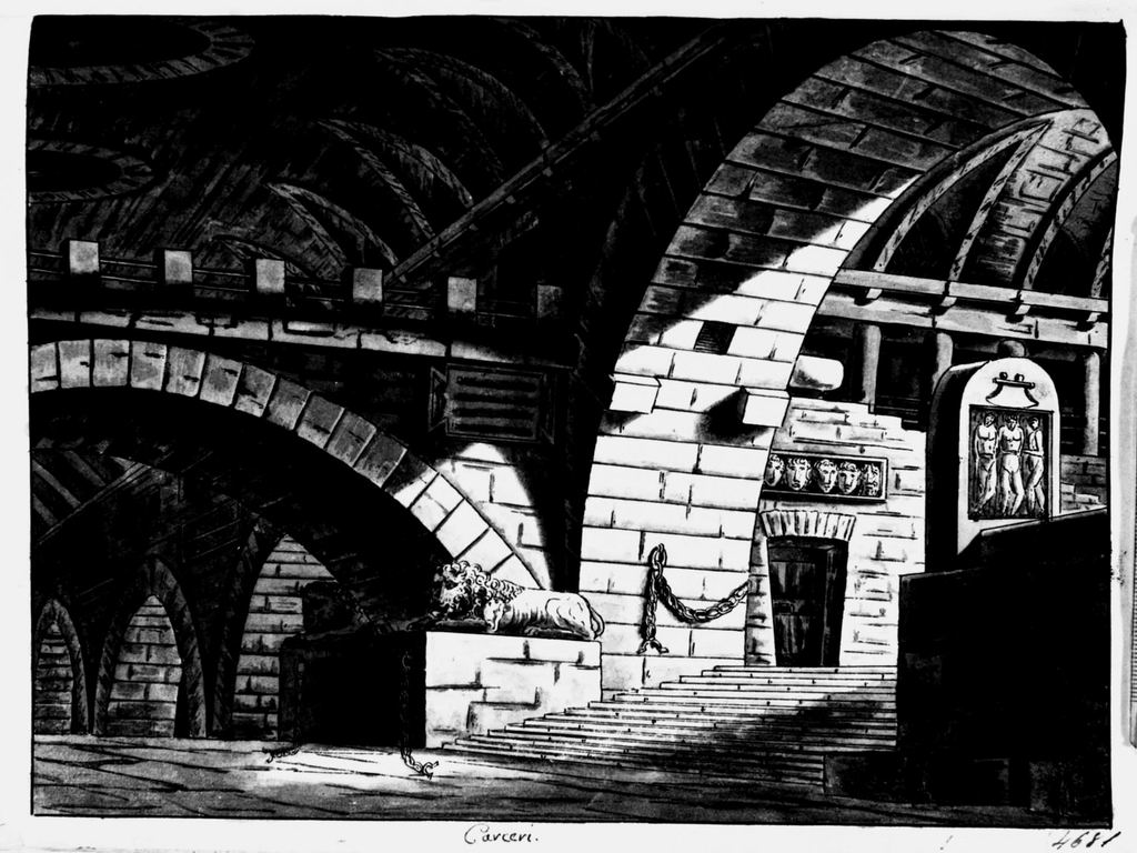 Carceri, prigione (disegno, elemento d'insieme) di Sandri Gaetano (attribuito), Basoli Antonio (scuola) (metà sec. XIX)