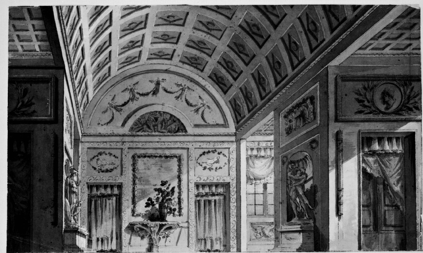 Interno con sculture e soffitto a cassettoni (disegno) di Basoli Antonio (prima metà sec. XIX)