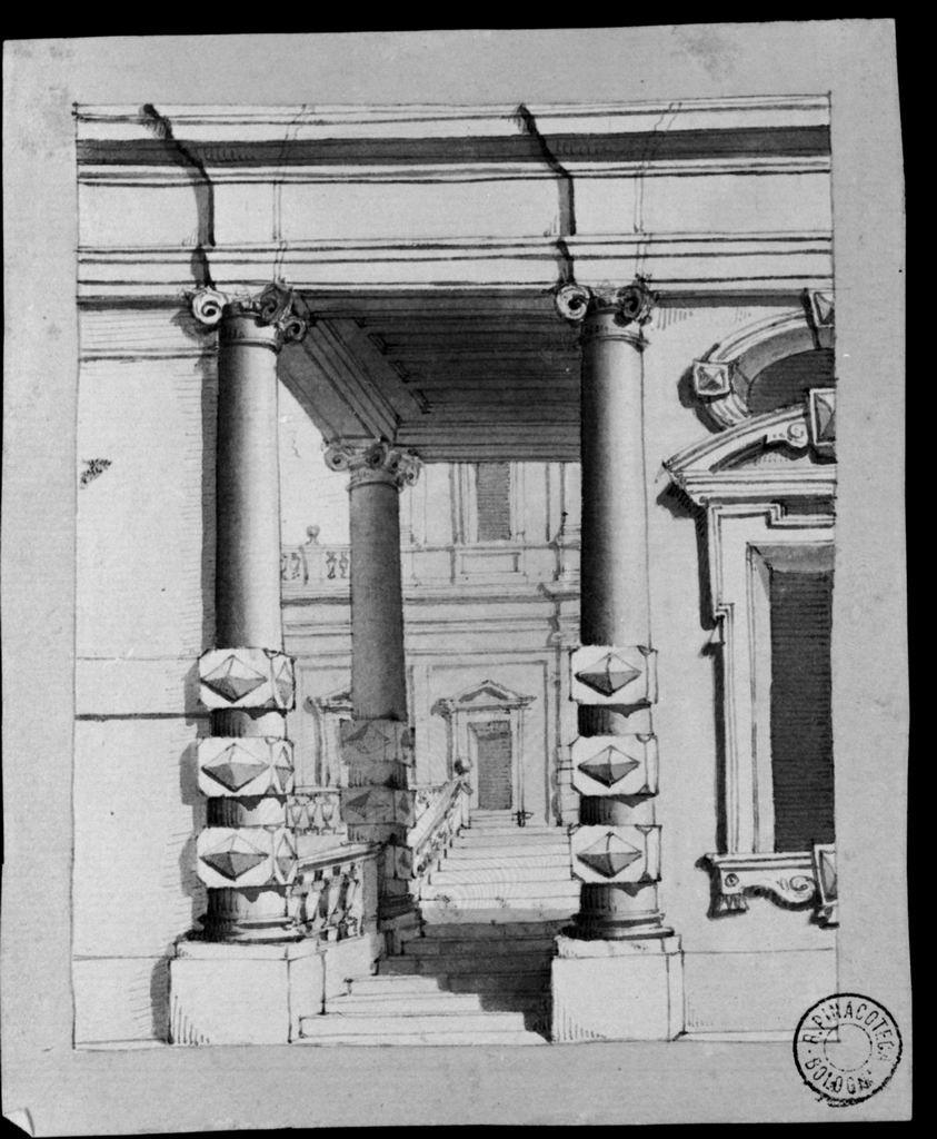veduta prospettica di un palazzo con colonne cinghiate e scala (disegno) di Basoli Antonio (maniera) (metà sec. XIX)
