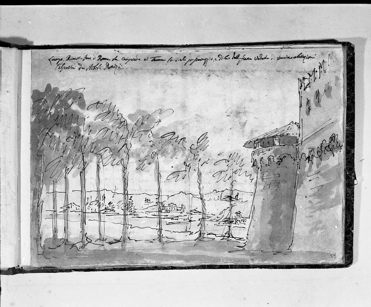 paesaggio col Tevere e bastione a destra (disegno, elemento d'insieme) di Galliari Fabrizio (attribuito) (sec. XVIII)