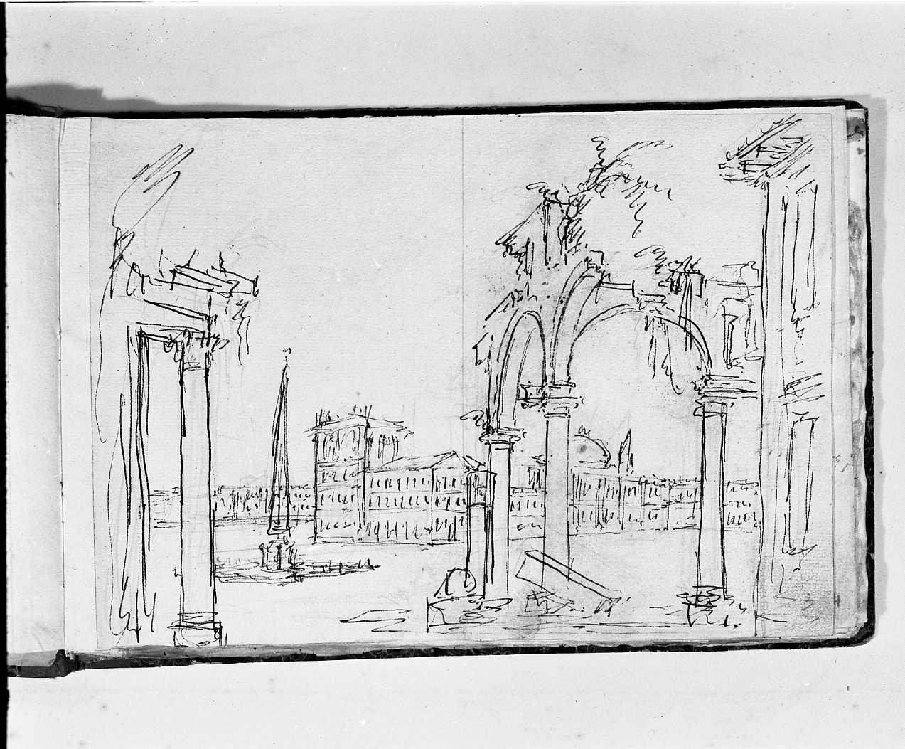 piazza con rovine (disegno, elemento d'insieme) di Galliari Fabrizio (attribuito) (seconda metà sec. XVIII)