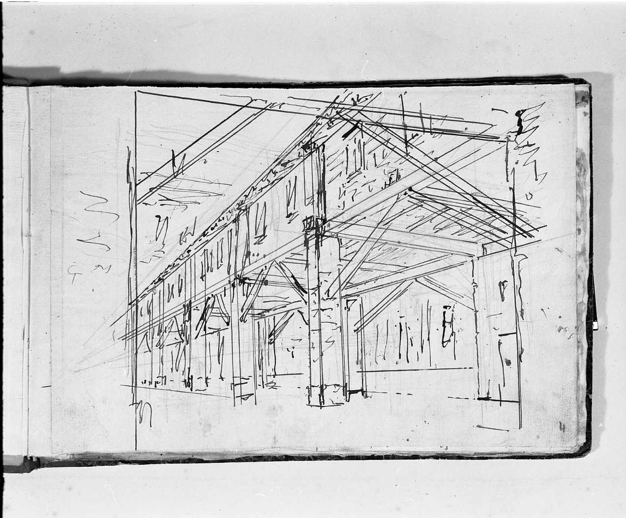 interno con piloni e soffitto a travi (disegno, elemento d'insieme) di Galliari Fabrizio (attribuito) (seconda metà sec. XVIII)