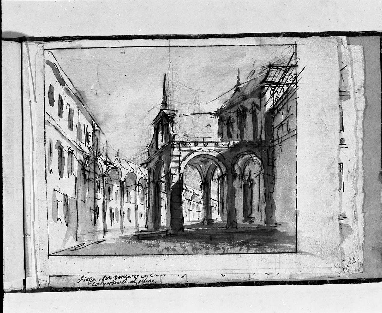 piazza con chiesa e portici (disegno, elemento d'insieme) di Galliari Fabrizio (attribuito) (seconda metà sec. XVIII)