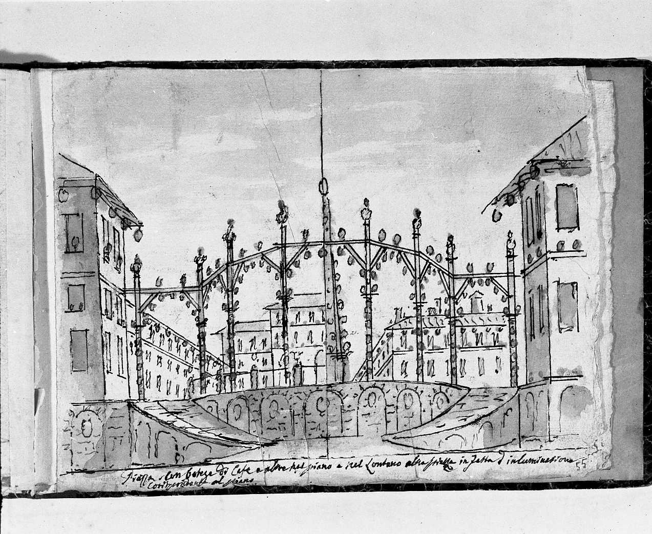 piazza illuminata per una festa (disegno, elemento d'insieme) di Galliari Fabrizio (attribuito) (sec. XVIII)