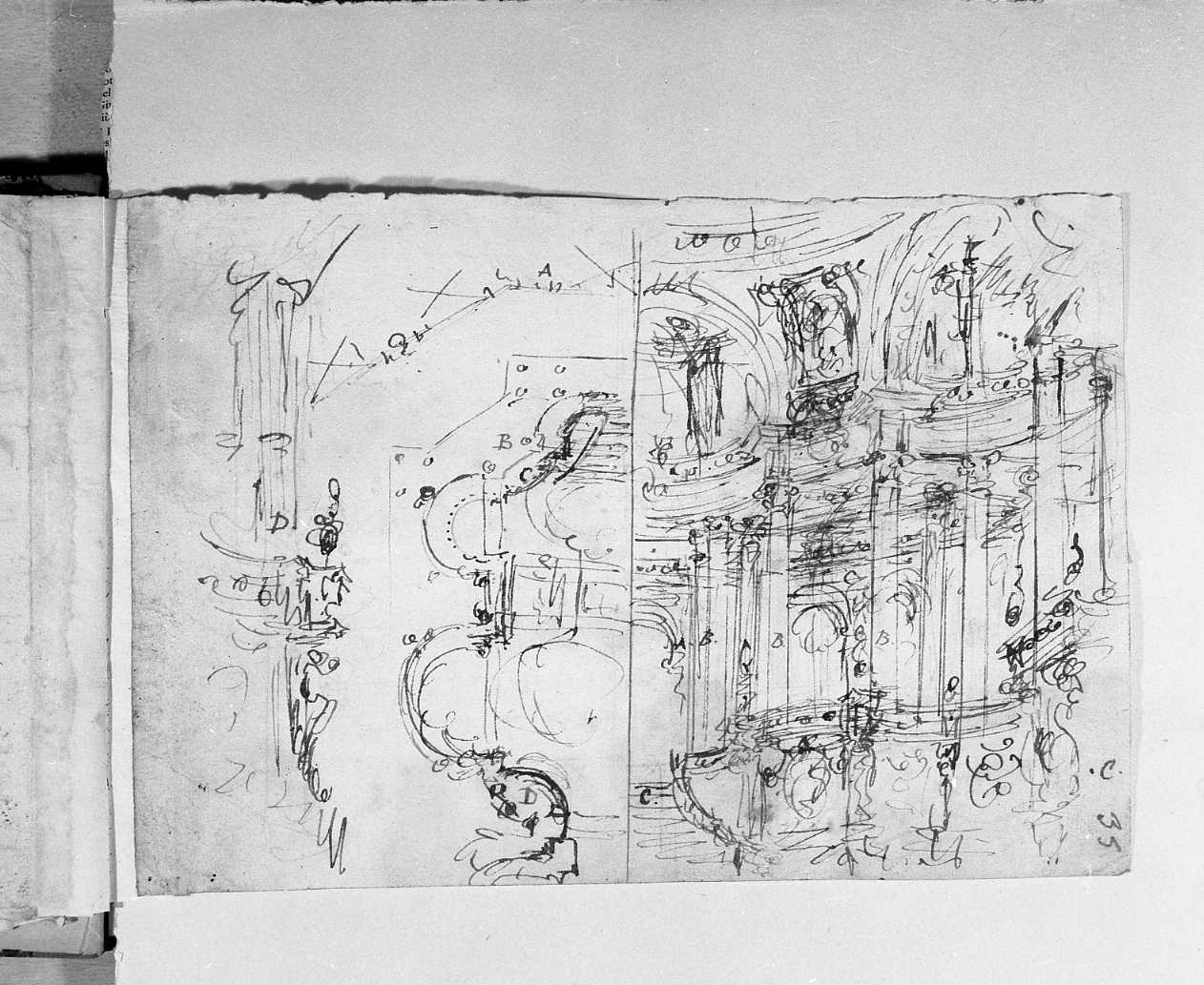 reggia con pianta a sinistra/ indicazioni sceniche (disegno, elemento d'insieme) di Galliari Fabrizio (attribuito) (sec. XVIII)