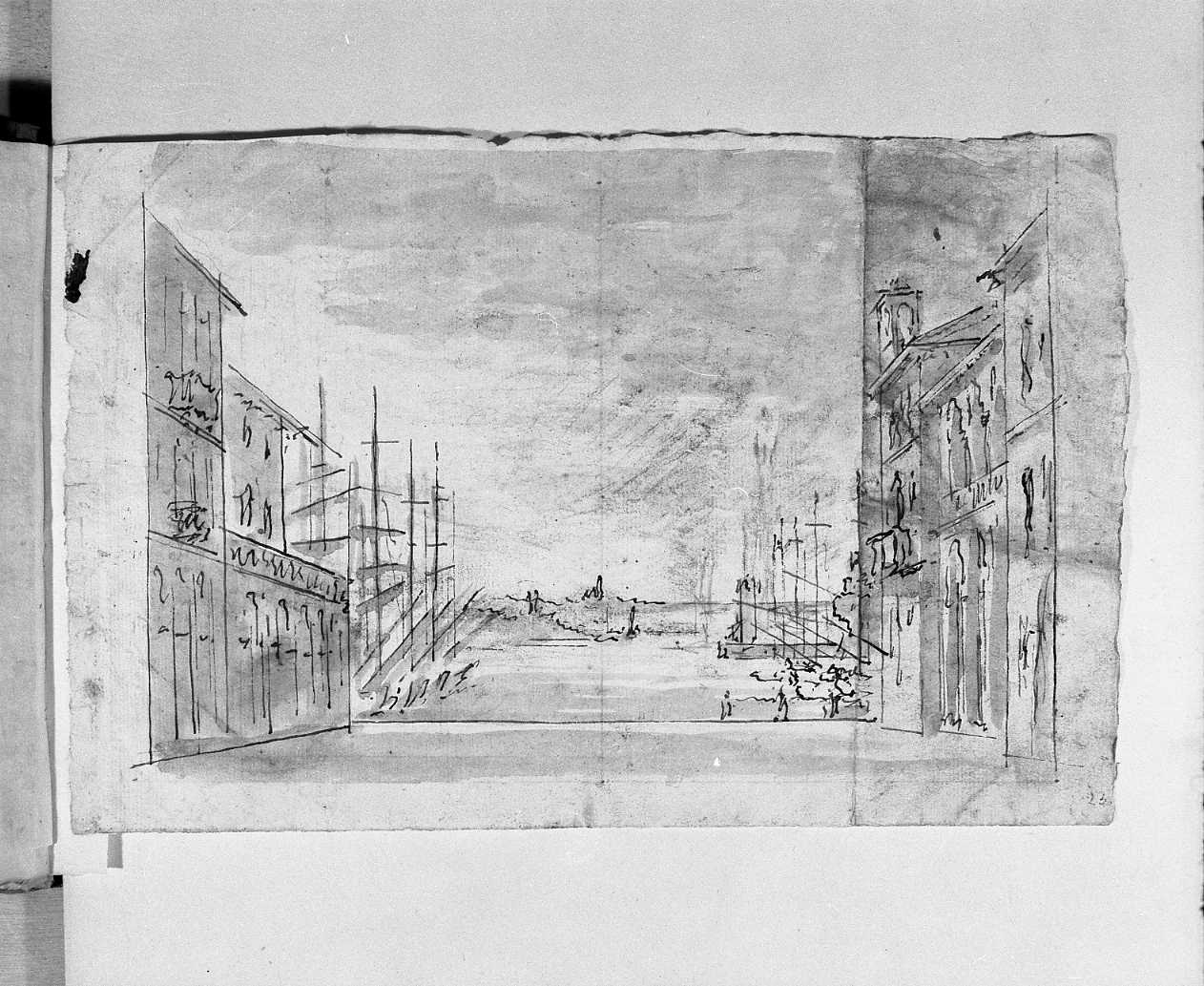 piazza con porto e navi/ abbozzo di mura di città (disegno, elemento d'insieme) di Galliari Fabrizio (attribuito) (seconda metà sec. XVIII)