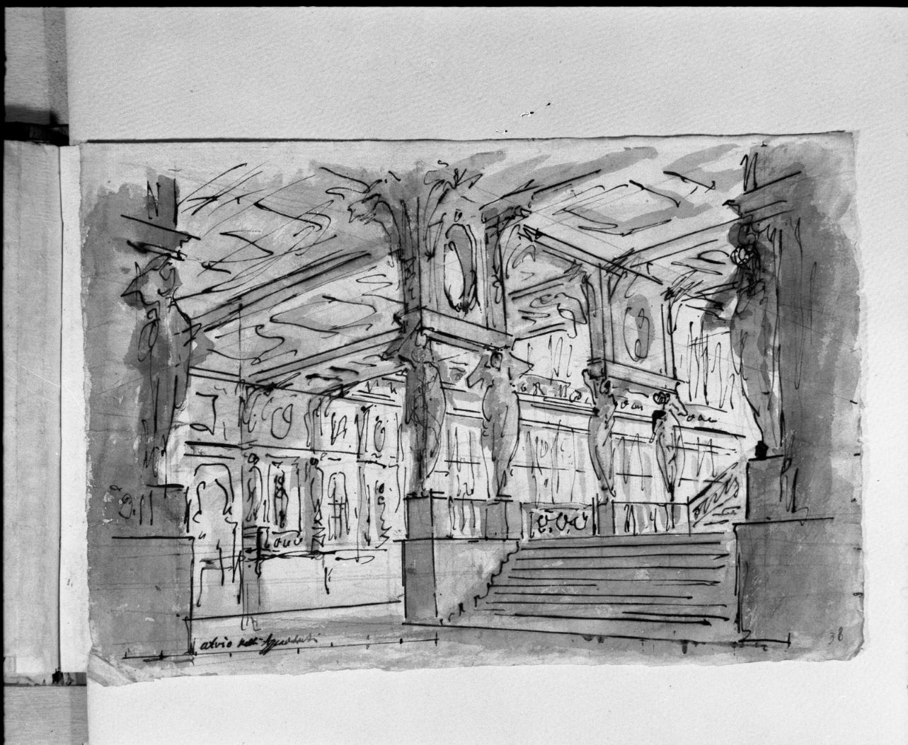 atrio di appartamenti con scalone (disegno, elemento d'insieme) di Galliari Fabrizio (attribuito) (sec. XVIII)