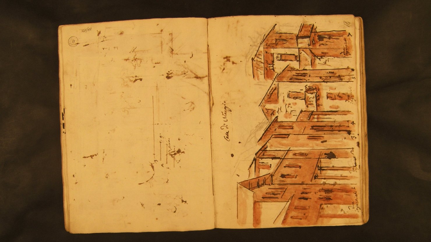 case di villaggio/ schizzo di casa e varie indicazioni sceniche (disegno, elemento d'insieme) di Galliari Fabrizio (attribuito) (sec. XVIII)