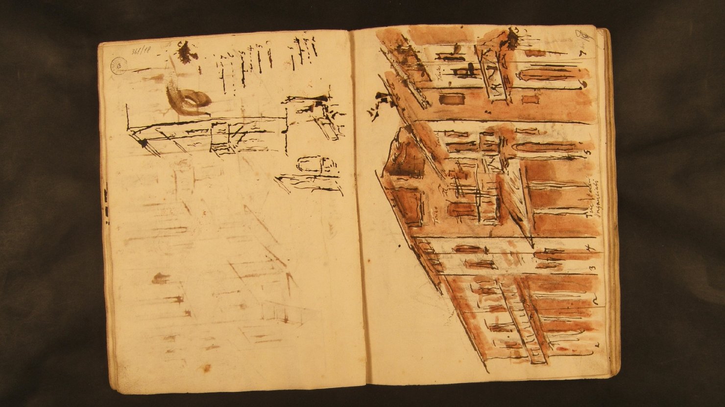 case rustiche/ parte terminante del disegno al foglio successivo (luogo magnifico) (disegno, elemento d'insieme) di Galliari Fabrizio (attribuito) (sec. XVIII)