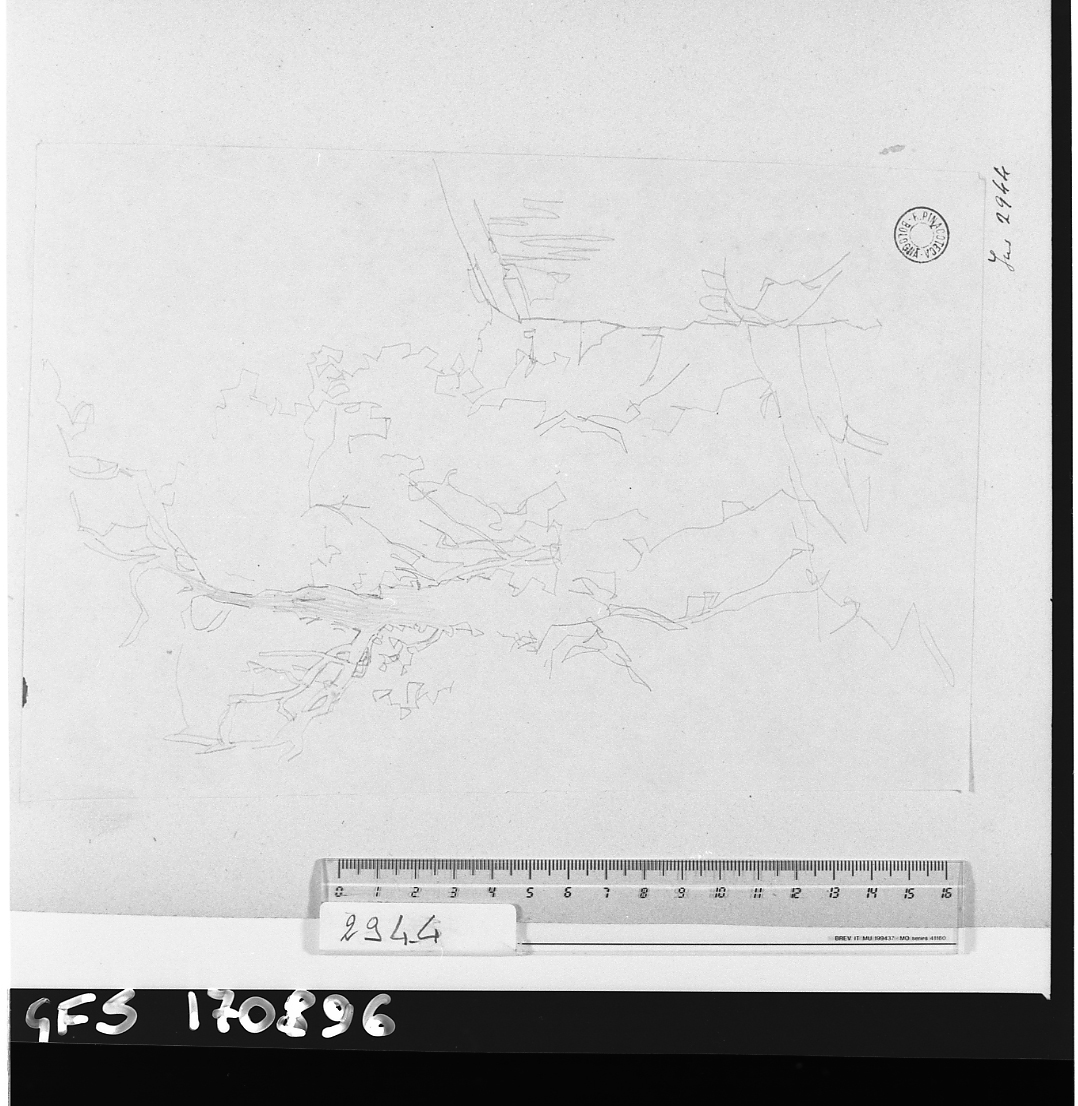 veduta con alberi ed edificio (disegno) di Serra Lugi (sec. XIX)