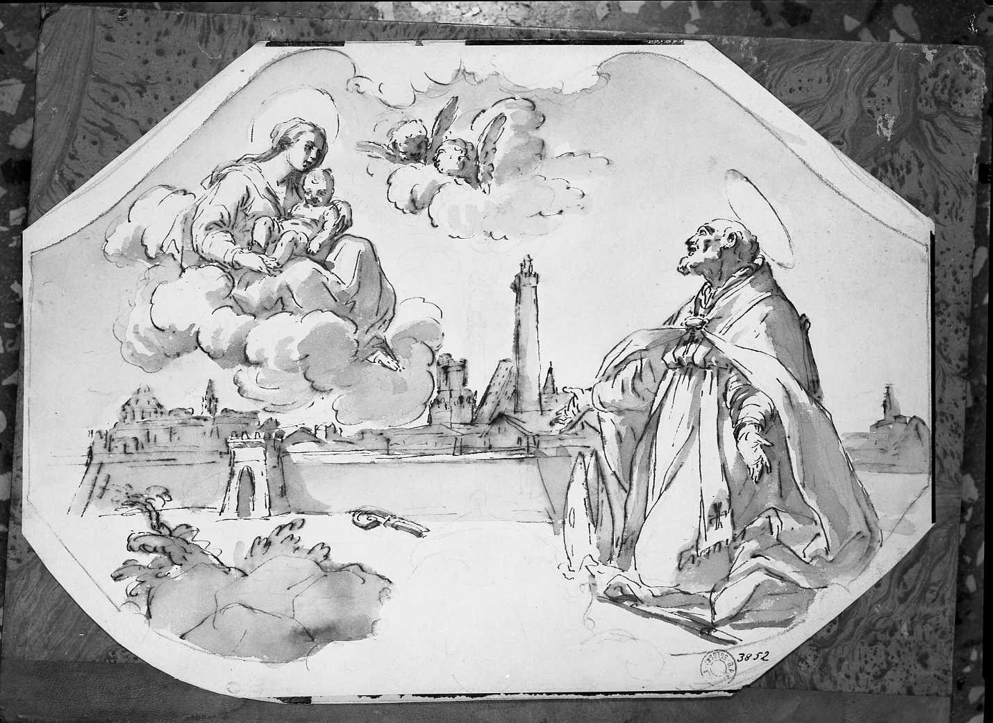 San Petronio prega la Madonna e il Bambino che appaiono sopra Bologna (disegno, opera isolata) di Gandolfi Ubaldo (attribuito) (sec. XVIII)
