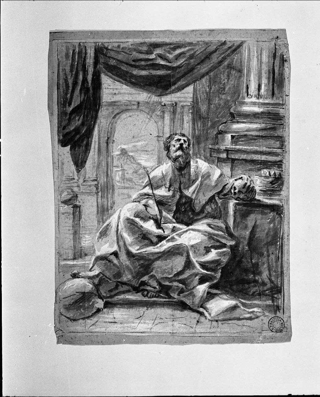 vecchio barbato con una mano su un teschio (disegno, opera isolata) di Gandolfi Gaetano (scuola) (seconda metà sec. XVIII)