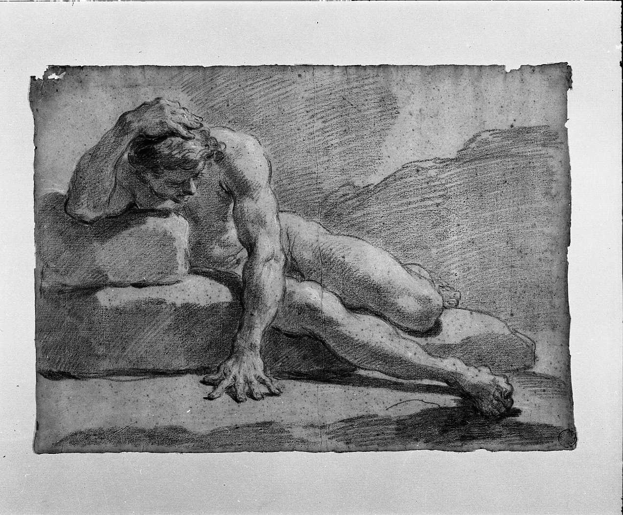 figura virile semisdraiata (disegno, opera isolata) di Gandolfi Ubaldo (attribuito) (sec. XVIII)