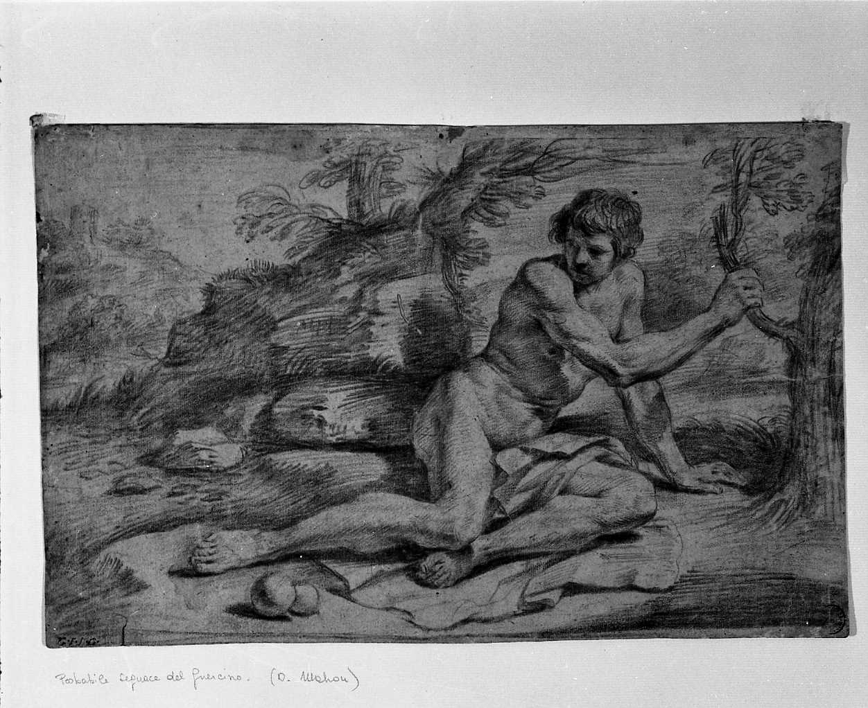 giovane nudo seduto per terra (disegno, opera isolata) di Gennari Cesare (attribuito) (sec. XVII)