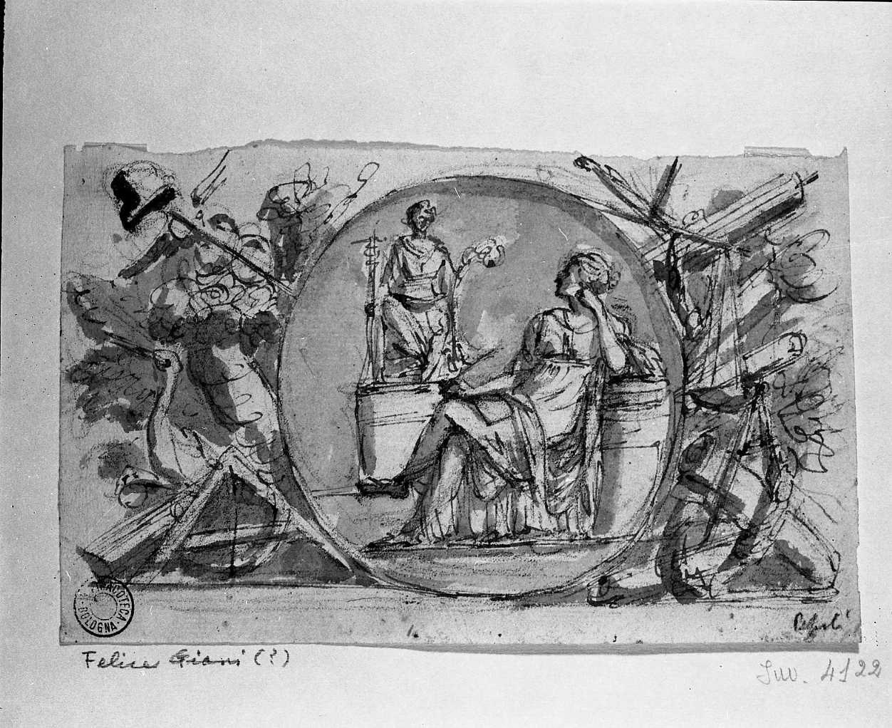 figura femminile seduta entro cornice di ornamenti bellici (disegno, opera isolata) di Giani Felice (attribuito) (secc. XVIII/ XIX)