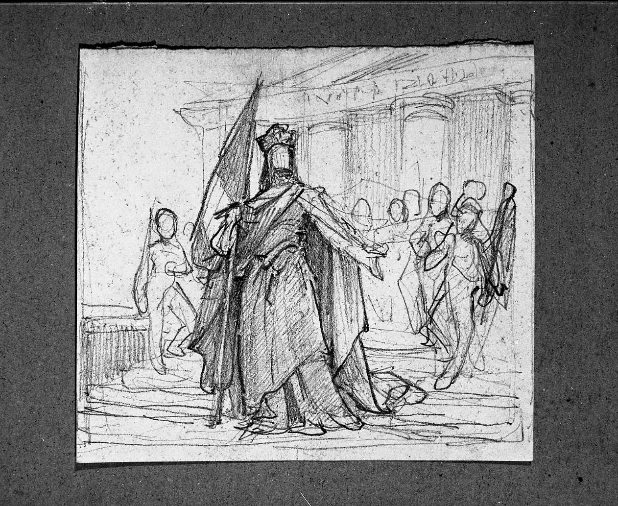 La Patria (?), figura storica ammantata con bandiera (disegno, opera isolata) di Guardassoni Alessandro (attribuito) (sec. XIX)
