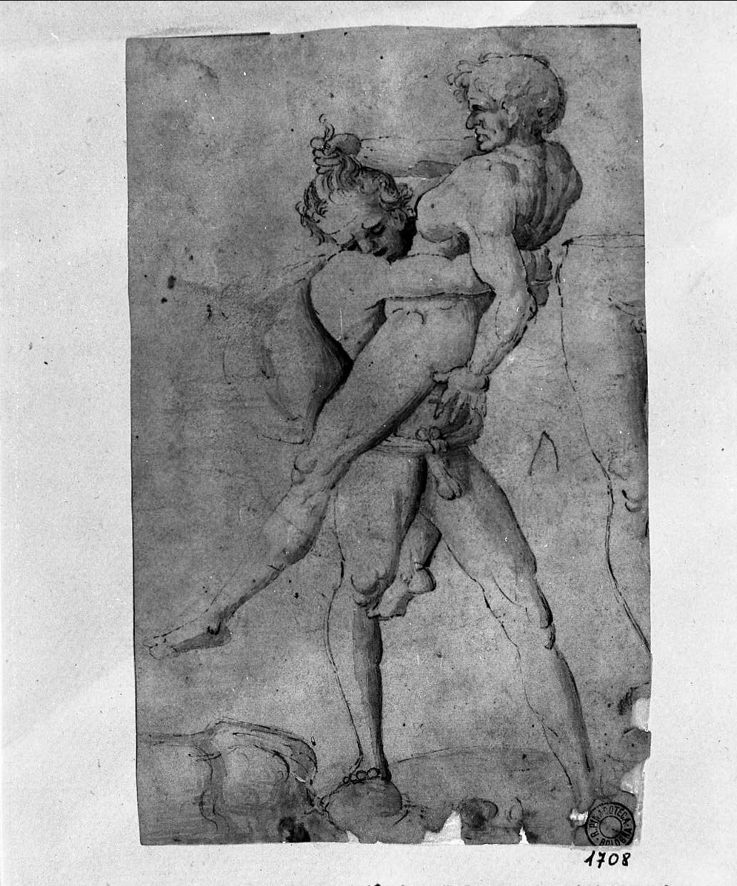 Ercole e Anteo (disegno, opera isolata) di Jacopo da Bologna (attribuito) (sec. XVI)