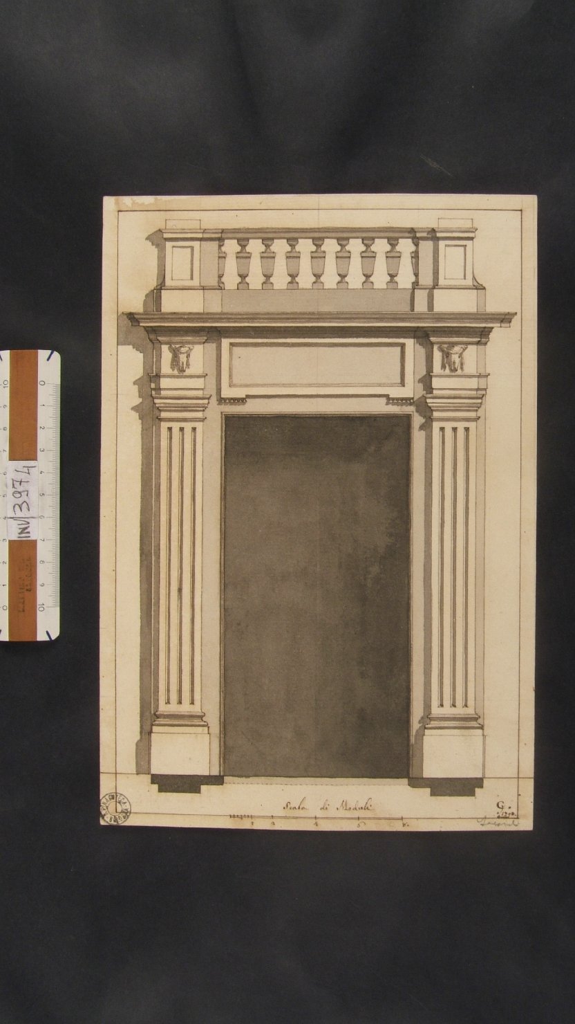 porta a pilastri scanellati con balaustre in alto (disegno, opera isolata) di Jarmorini Giuseppe (sec. XVIII)