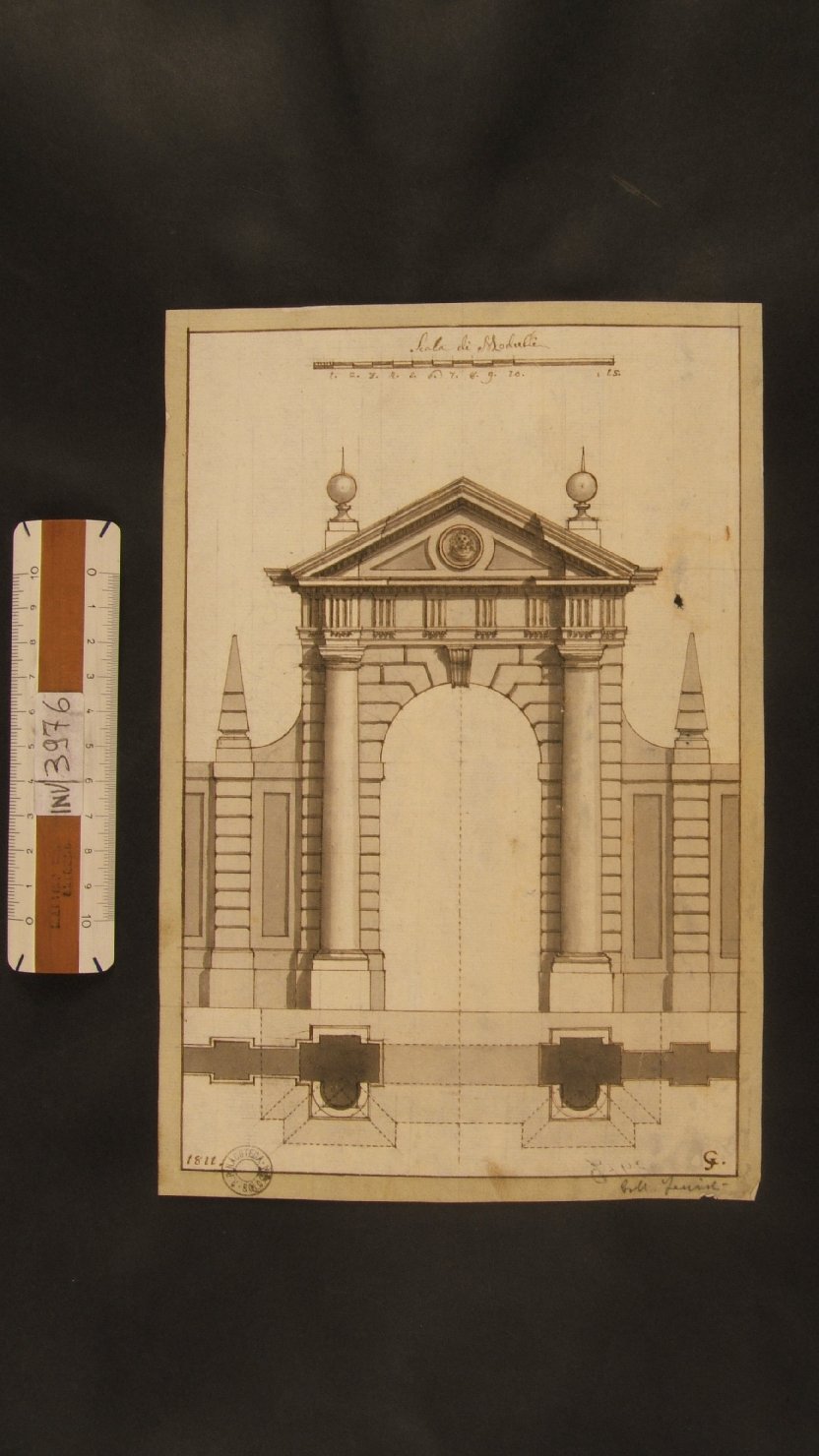 porta neoclassica con colonne; pianta e alzata (disegno, opera isolata) di Jarmorini Giuseppe (sec. XIX)