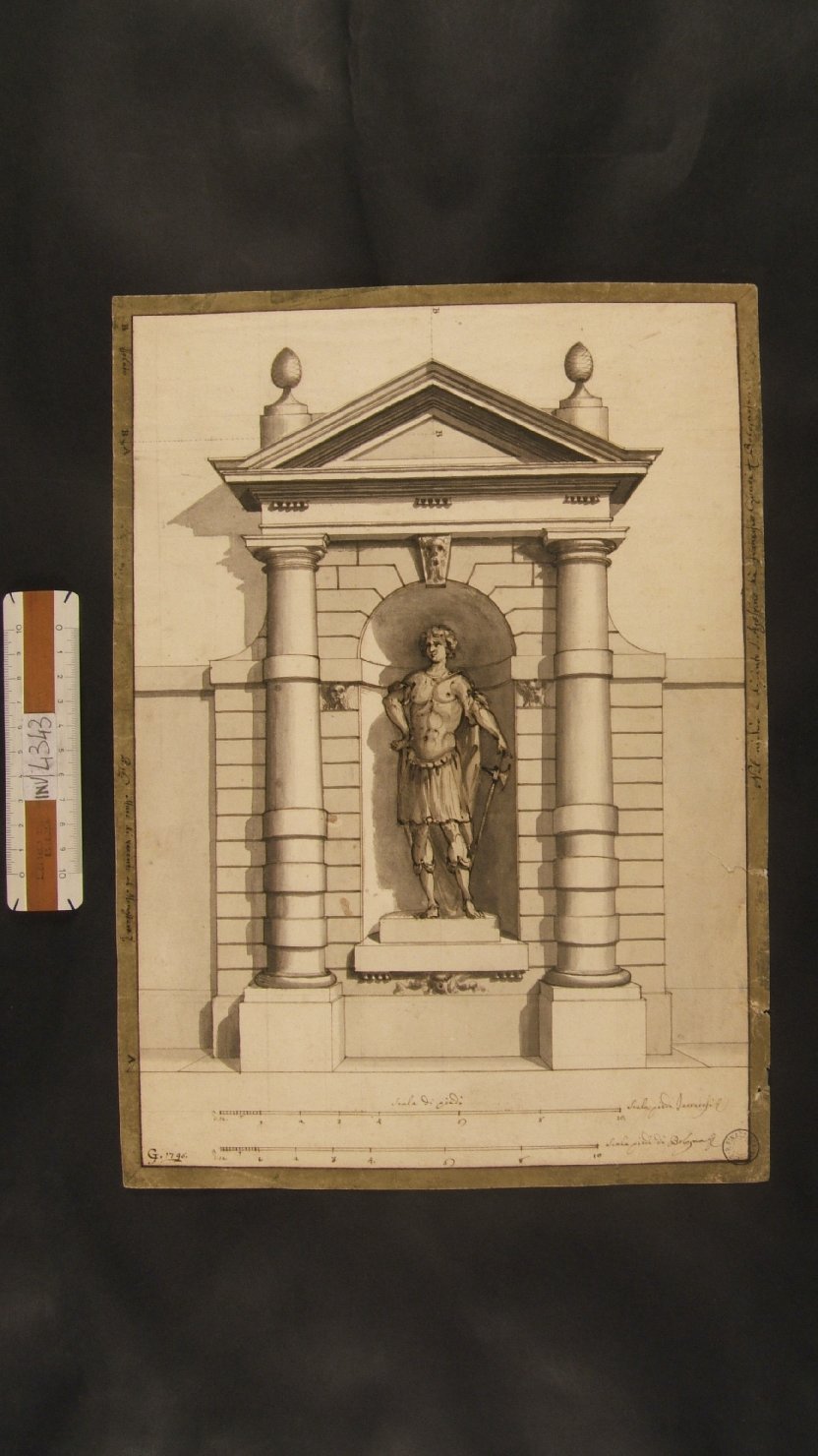 edicola con figura di guerriero entro nicchia (disegno, opera isolata) di Jarmorini Giuseppe (sec. XVIII)